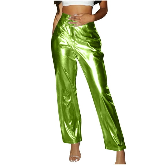 YYDGH Women's Shiny Metallic Rave Pants Straight Leg Faux Leather High Waist Pants with Pockets for Party Club Streetwear