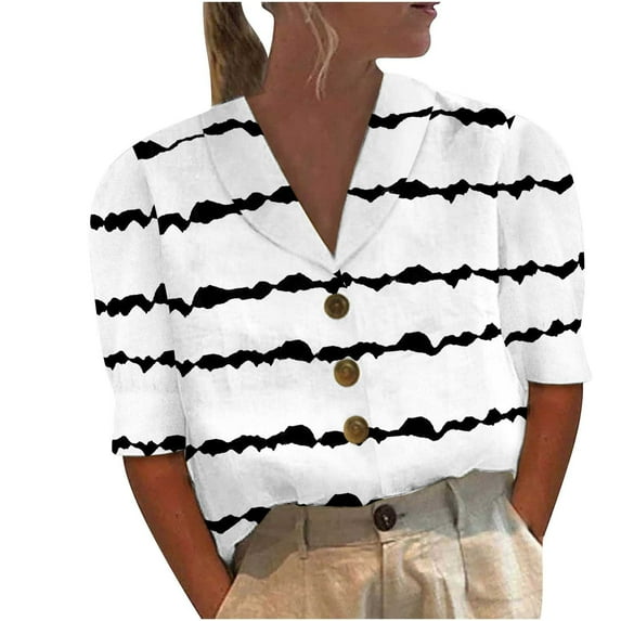 YYDGH Women's Short Sleeve Button Down Shirts Cotton Linen Laple V Neck Casual Business Work Blouse Tops White XL