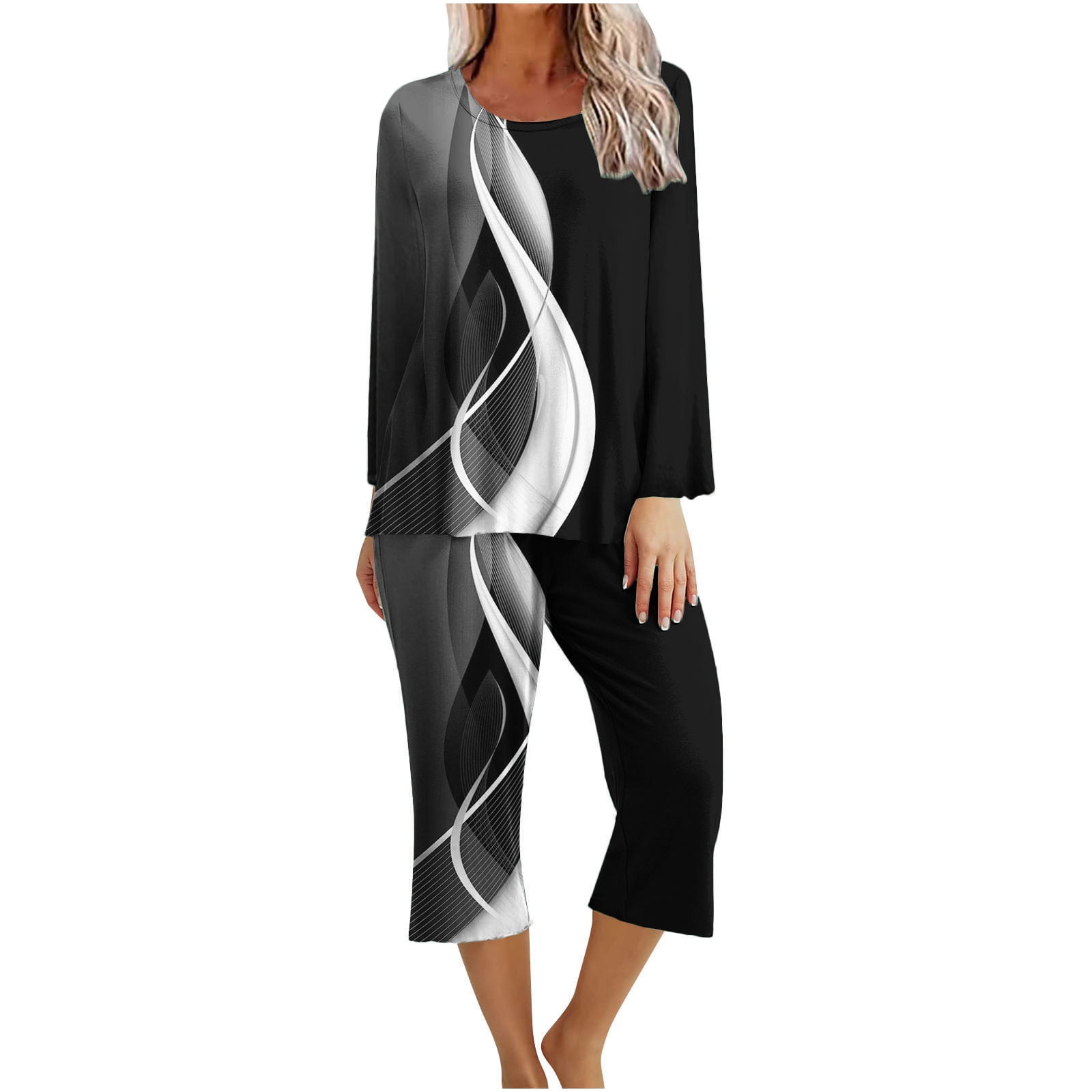 YYDGH Women's Sleepwear Capri Pajama Sets Long Sleeve TwoPiece Pjs