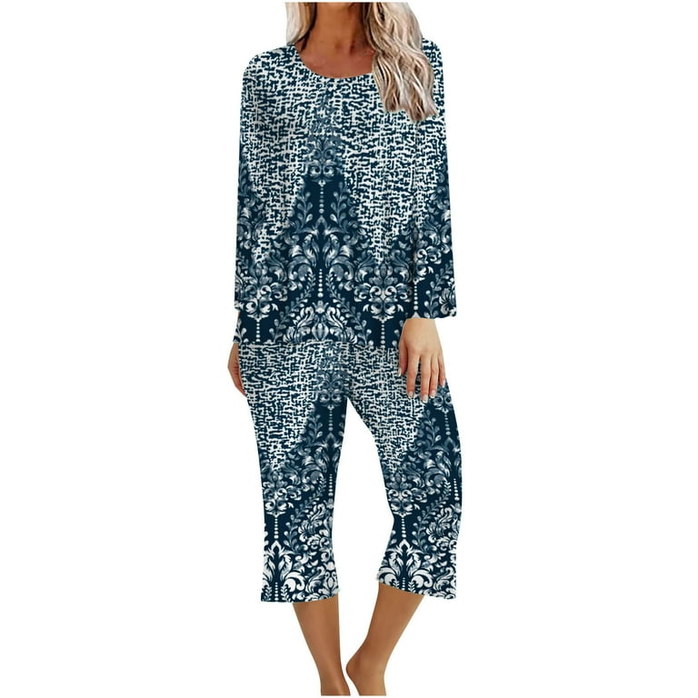Pockets Tops & Capri Capri with YYDGH Women\'s Long Lounge Crew Neck Two-Piece Pajama Sets Sleeve Sets Sleepwear Pants Pjs