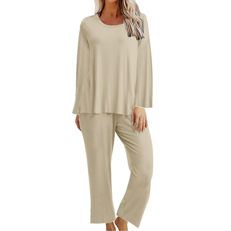 YYDGH Women s Sleepwear Capri Pajama Sets Long Sleeve Two Piece Pjs Crew Neck Lounge Sets Tops Long Pants with Pockets