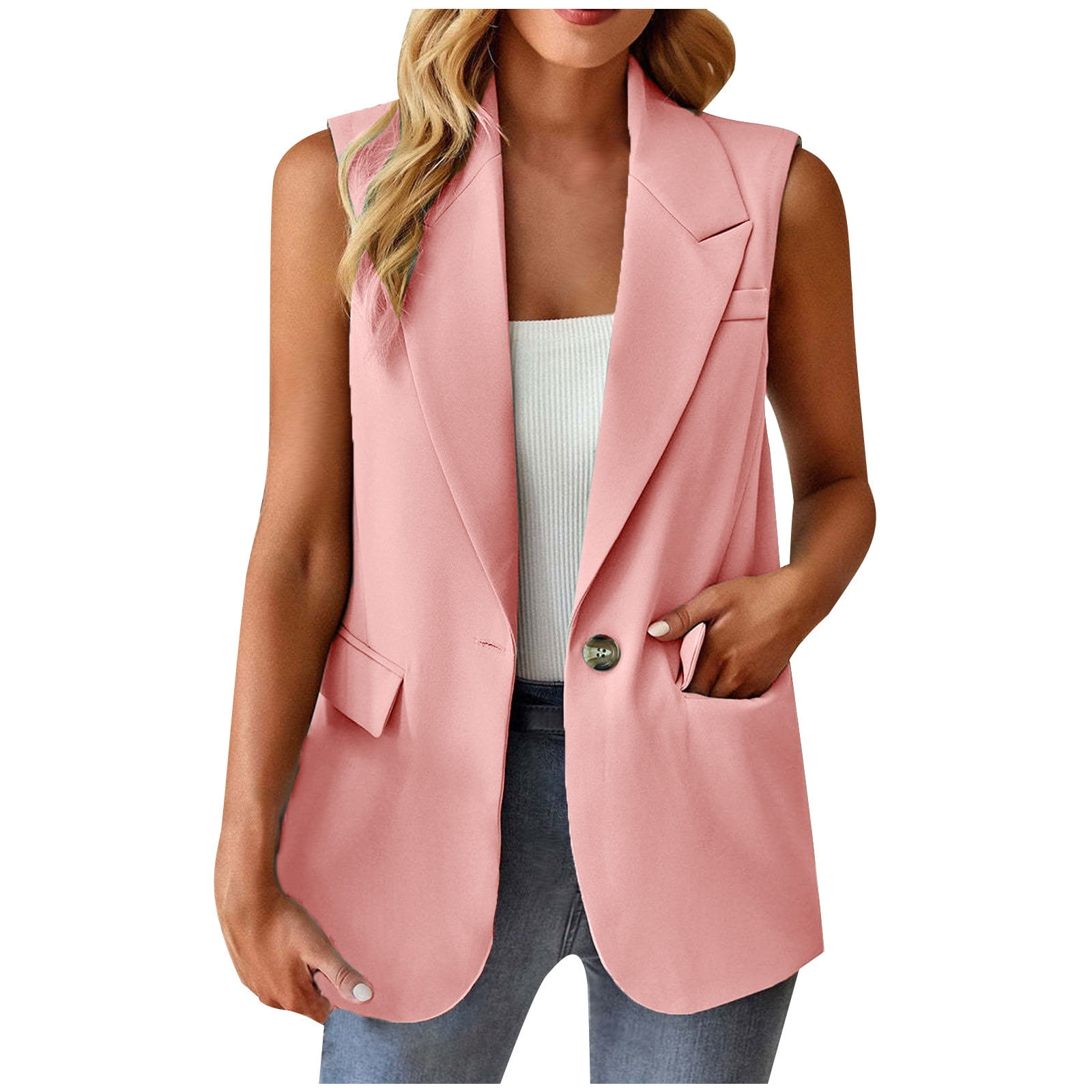 ★WAIKEI★ Logo Applique Sleeveless Black Pink YKBD02TS17-2 YYDGH Women's Sleeveless Blazers Open Front Casual Blazer