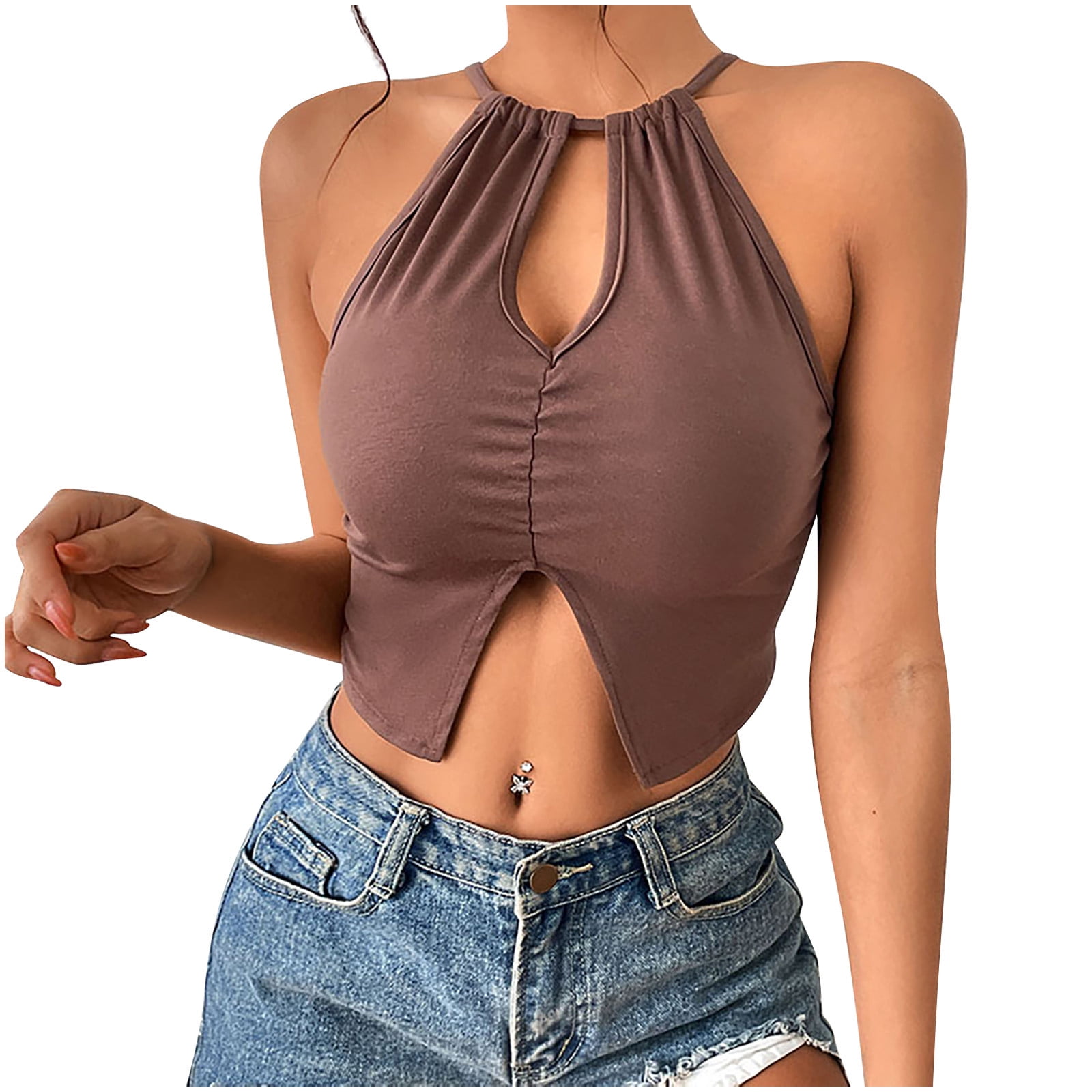Lemedy Halter Backless Crop Tank Top Wirefree Built in Shelf Sports Bra  (Brown, S) at  Women's Clothing store