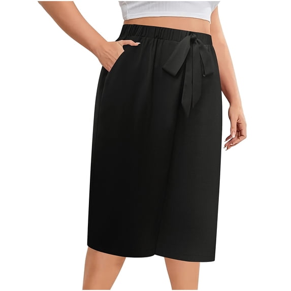 YYDGH Women's Solid Color Casual Plus Size Wide Leg Waist Cinched Five Quarter Pants With Zip Ties