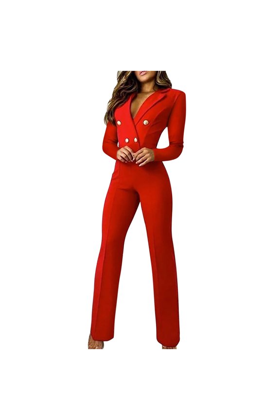 Women's Solid Color Long Sleeve Lapel Buttom Casual Suit Women's Suit Professional Jumpsuits Red XL