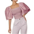 thumbnail image 1 of YYDGH Women's Square Neck Puff Short Sleeve Crop Top Elegant Solid Color Slim Fit Blouse Summer Shirts Pink S, 1 of 4