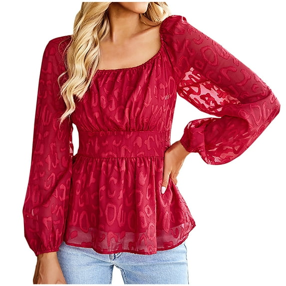 YYDGH Women's Square Neck Smocked Babydoll Tops Long Puff Sleeve Lace Blouse Floral Textured Shirts Red L