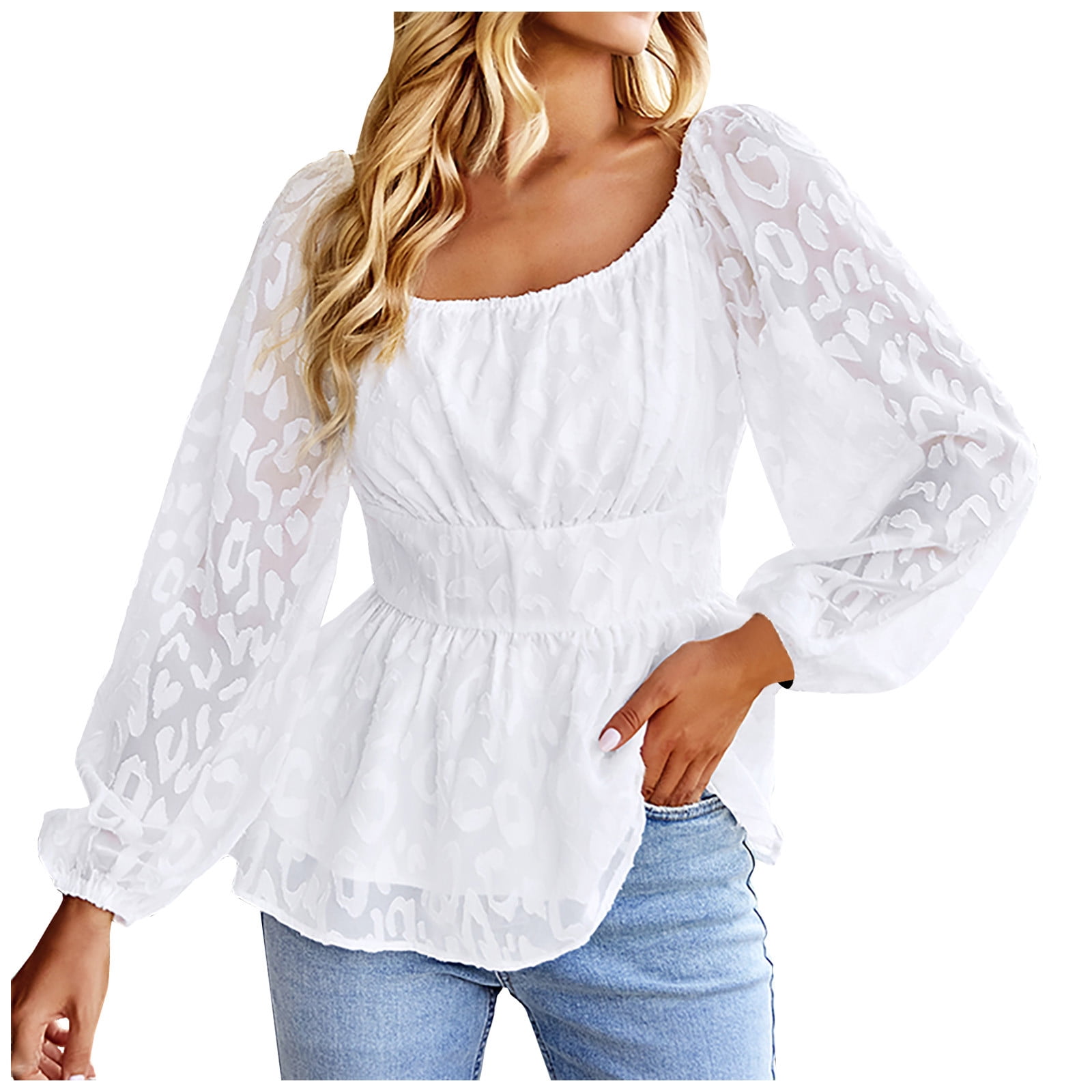 YYDGH Women's Square Neck Smocked Babydoll Tops Long Puff Sleeve