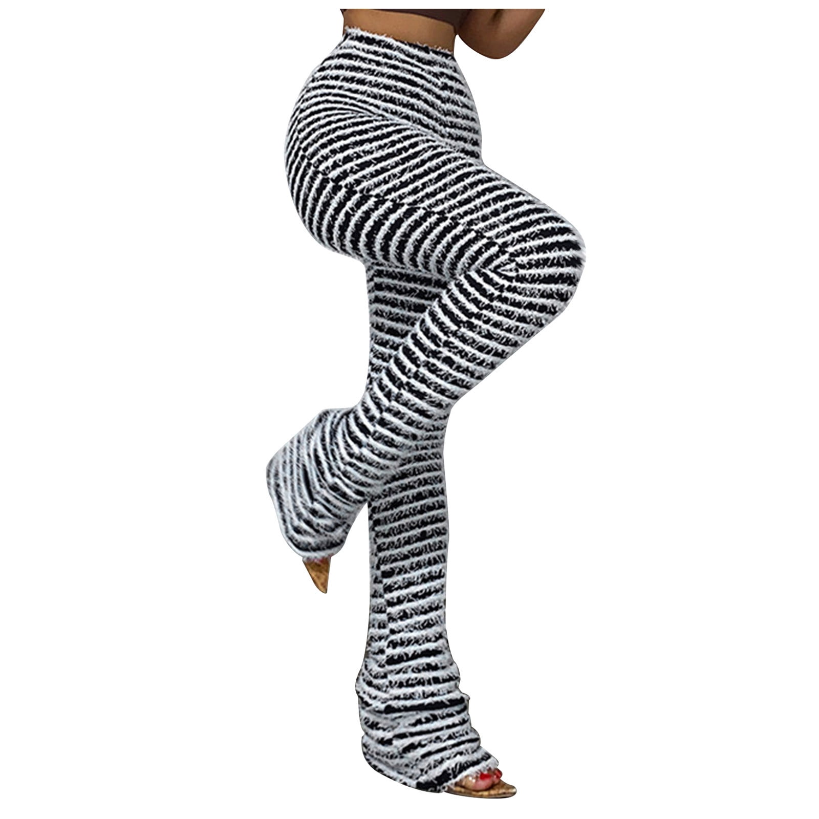 YYDGH Women's Stacked Leggings Striped Fuzzy Knitted Extra Long Pants High  Waisted Skinny Flare Pants Streetwear Black Black 