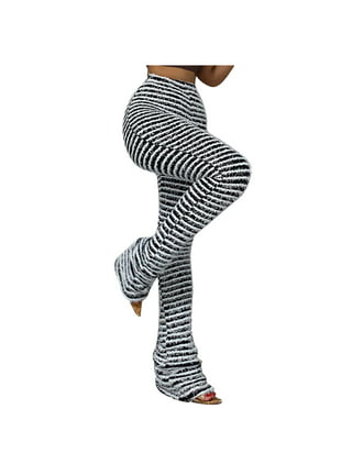 Women Ankle Length Skinny Leggings Black White Horizontal Striped Pants  Tights 