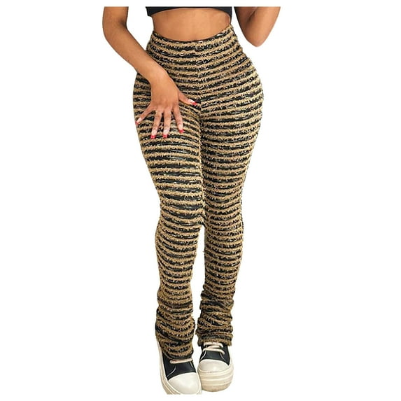 YYDGH Women's Stacked Leggings Striped Fuzzy Knitted Extra Long Pants High Waisted Skinny Flare Pants Streetwear Brown Brown