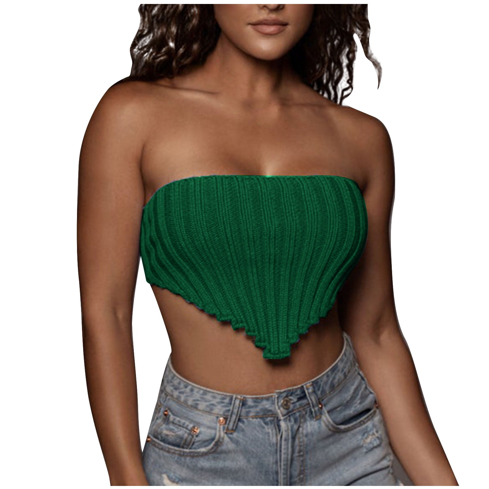 YYDGH Women's Strapless Asymmetrical Hem Ribbed Knit Crop Bandeau Tube Top  Green L - Walmart.com