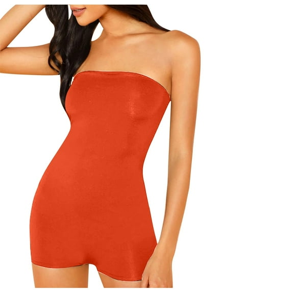 YYDGH Women's Strapless Tube Romper Open Back Bodycon Short Jumpsuit Orange L