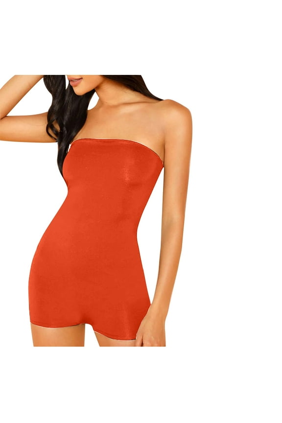 Women's Strapless Tube Romper Open Back Bodycon Short Jumpsuit Orange L