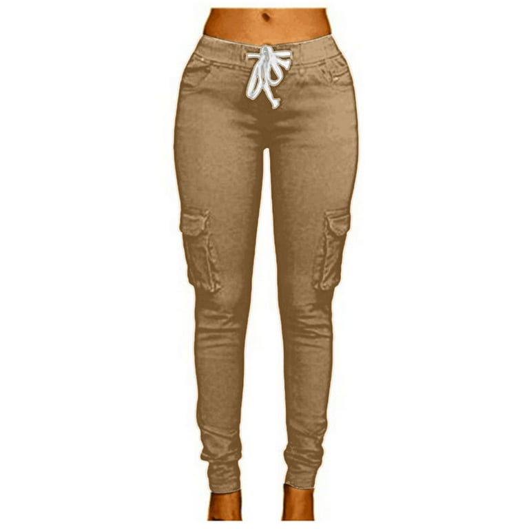 YYDGH Women s Stretch Skinny Cargo Pants Casual High Waist Drawstring Joggers Pant Butt Lift Pencil Trousers with Pockets Khaki XXL