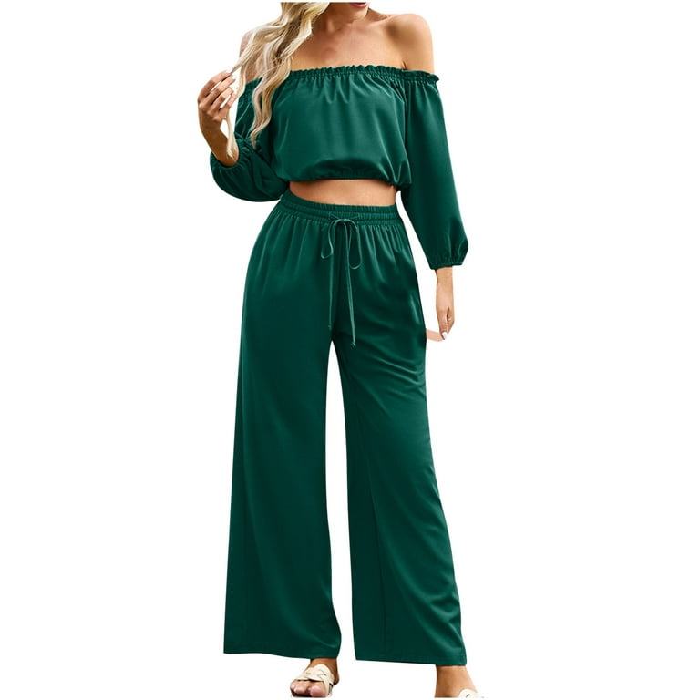 YYDGH Women's Summer 2 Piece Outfits Off Shoulder Crop Top and Drawstring  Elastic Waist Wide Leg Long Pants Set Green M 