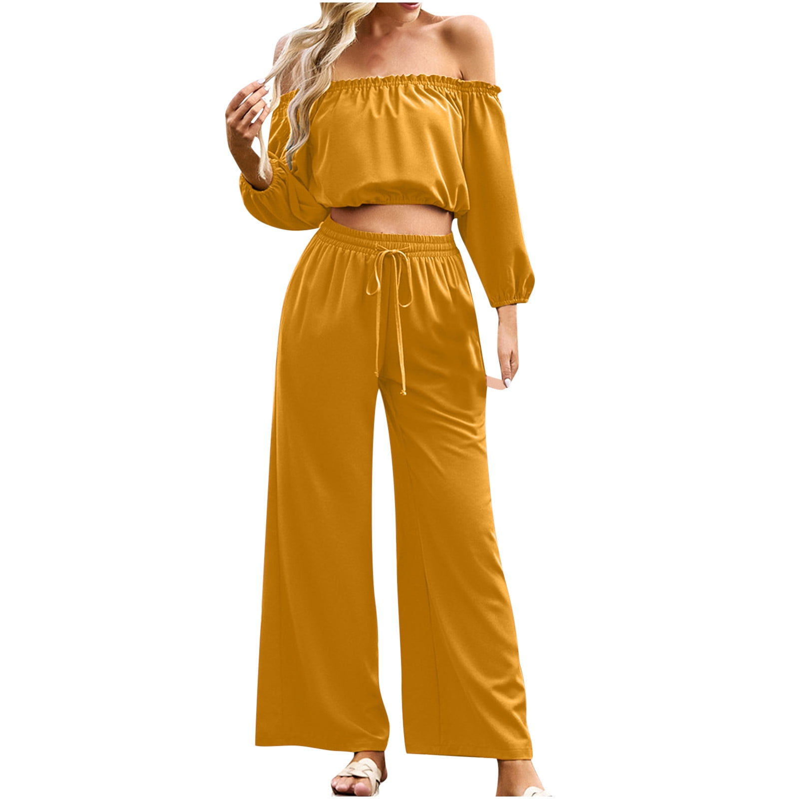 Women Sexy Solid Top Pant Sets Two Piece Off Shoulder Short Sleeve Suit  Crop Top High Women Pant Sets Outfits (White, M)
