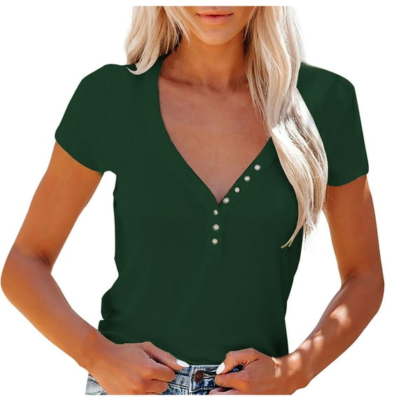 YYDGH Women's Summer Casual Henley Shirts Short Sleeve V Neck Button Up Ribbed Slim Fit Basic Tops Green XXL
