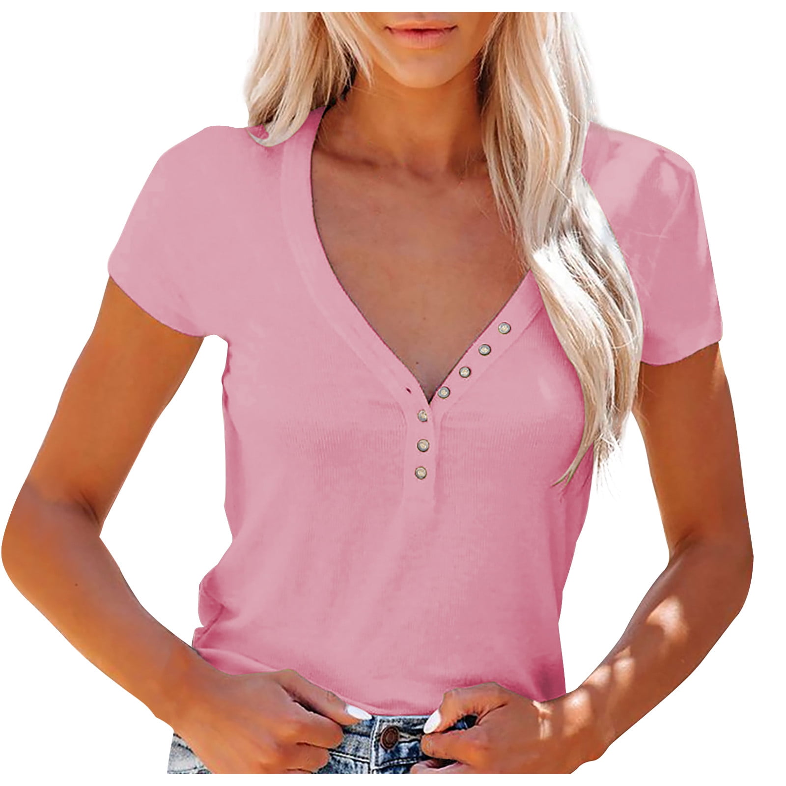 YYDGH Women's Summer Casual Henley Shirts Short Sleeve V Neck Button Up  Ribbed Slim Fit Basic Tops Pink XXL 