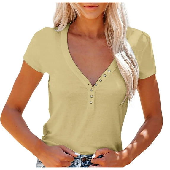 YYDGH Women's Summer Casual Henley Shirts Short Sleeve V Neck Button Up Ribbed Slim Fit Basic Tops Yellow L