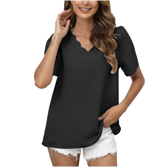 YYDGH Women's Summer Shell V Neck Dressy Tops Short Sleeve Solid Color Casual Loose Blouse Black XXL