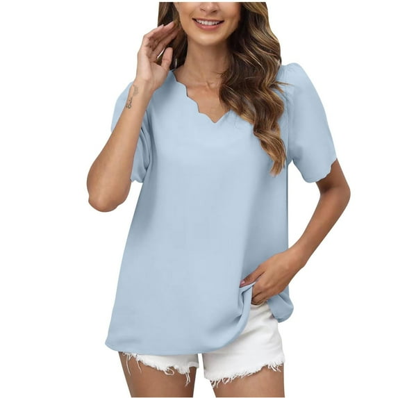 YYDGH Women's Summer Shell V Neck Dressy Tops Short Sleeve Solid Color Casual Loose Blouse Light Blue S