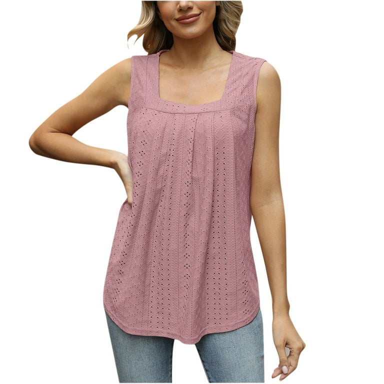 YYDGH Women's Summer Square Neck Pleated Tank Tops Sleeveless Eyelet Flowy  Tunic Tops Casual Loose Fit Flowy Cami Shirts Blouse Hot Pink L