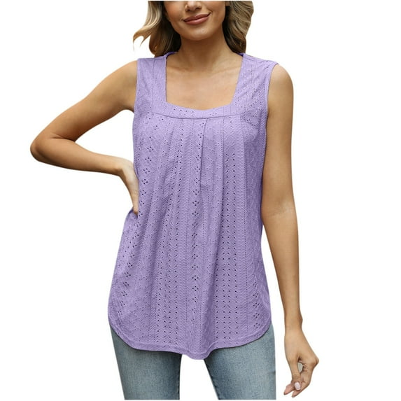YYDGH Women's Summer Square Neck Pleated Tank Tops Sleeveless Eyelet Flowy Tunic Tops Casual Loose Fit Flowy Cami Shirts Blouse Purple L