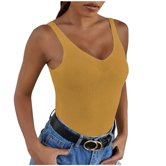 YYDGH Women's Summer Tank Top Sexy V Neck Sleeveless Cotton Ribbed Camisole Shirts Basic Casual Workout Tees Yellow XS