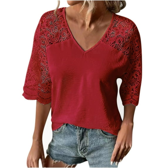 YYDGH Women's Summer V Neck Lace Short Sleeve T-Shirt Casual Solid Color Blouse Tops Red XL