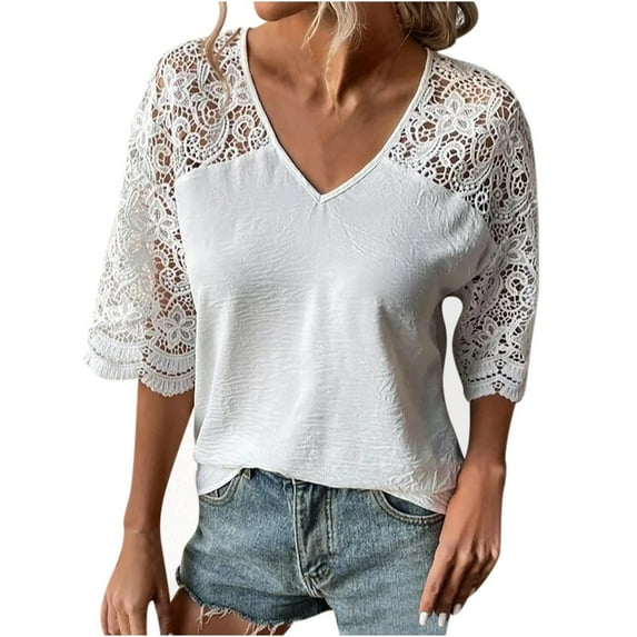 YYDGH Women's Summer V Neck Lace Short Sleeve T-Shirt Casual Solid Color Blouse Tops White S