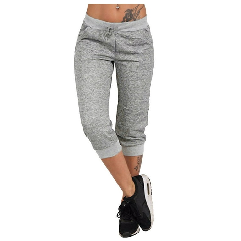 Ladies Fashion Casual Plus Size Summer Capris Loose 3/4 Pants Women's Solid  Color Drawstring Pocket Cropped Trousers Jogger Sport Yoga Running Fitness