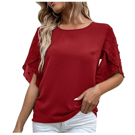 YYDGH Women's Swiss Dot Petal Short Sleeve T-Shirts Crew Neck Solid Color Casual Loose Tops Blouses Red XXL