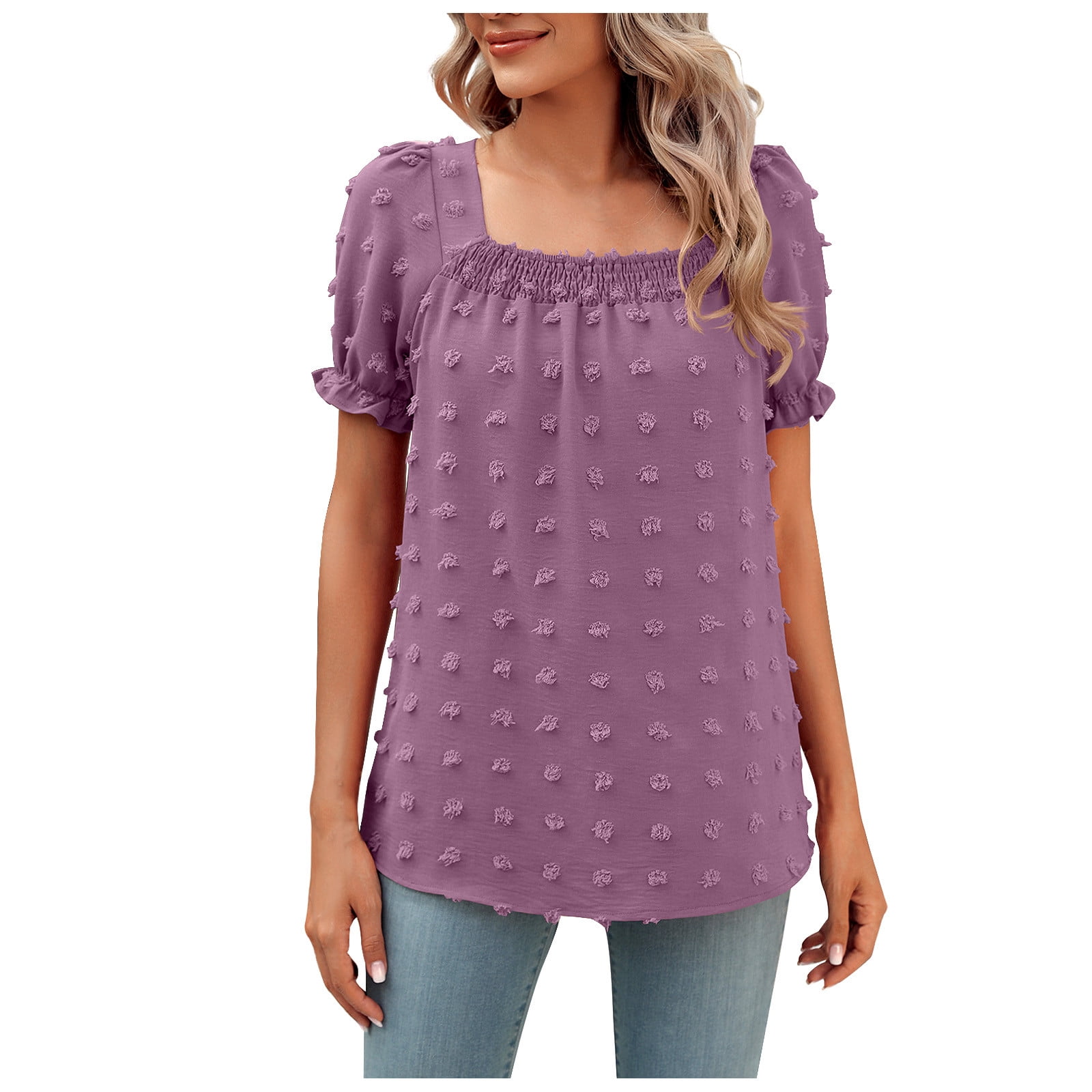 YYDGH Women's Swiss Dot Square Neck Tops Pom Pom Puff Short Sleeve Work  Blouse Shirt Pink L