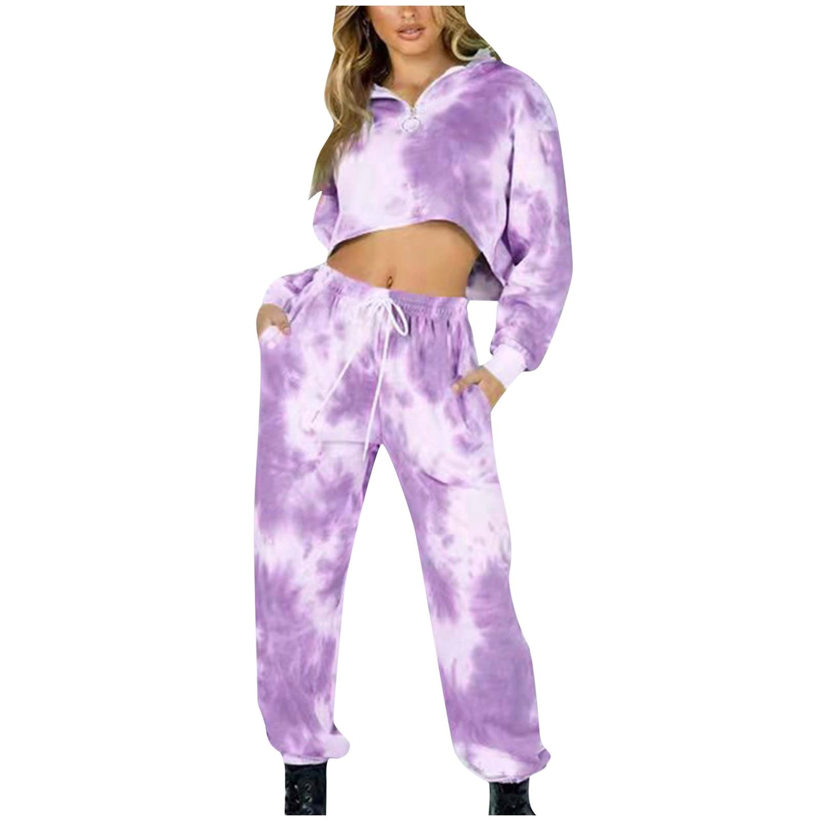 YYDGH Women's Tie Dye 2 Piece Outfits Long Sleeve Half Zip Crop Sweatshirt  and Jogger Sweatpants Sweatsuit Lounge Sets with Pockets Purple M -  Walmart.com