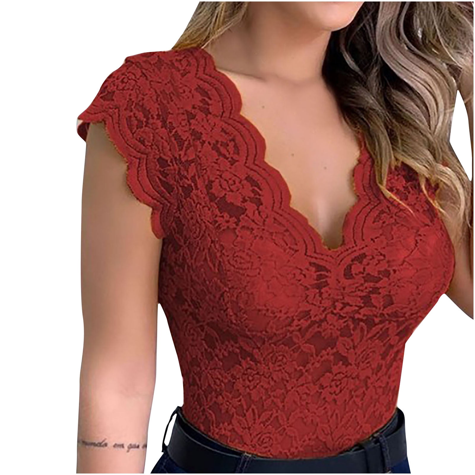 YYDGH Women's Tops Floral Lace Deep V Neck Scalloped Trim Tank Tops  Sleeveless Sheer Sexy Plus Size Blouse Wine Red S