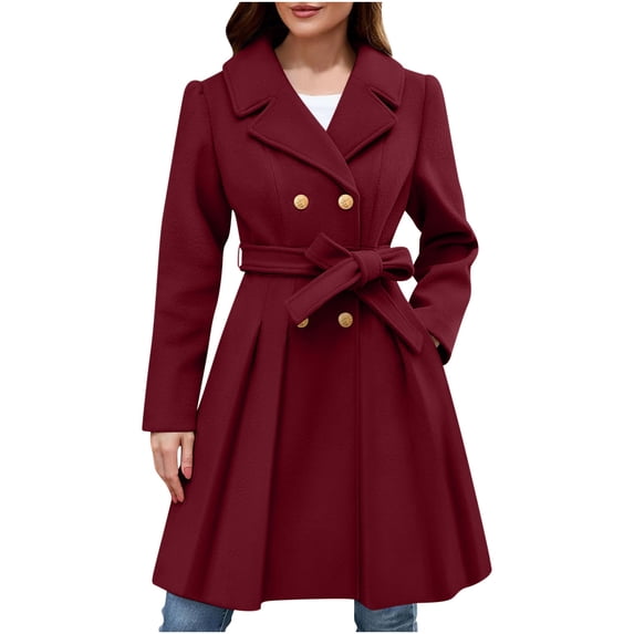YYDGH Women's Trench Coat Notch Lapel Double Breasted Jackets Winter Warm Belted Waist A Line Pleated Pea Coats with Pockets