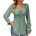 thumbnail image 1 of YYDGH Women's V Neck Drawstring Ruched Tops Puff Long Sleeve Ruffle Cuff Shirts Solid Color Casual Blouses Green L, 1 of 5