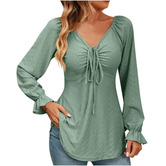 YYDGH Women's V Neck Drawstring Ruched Tops Puff Long Sleeve Ruffle Cuff Shirts Solid Color Casual Blouses Green XXL