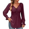 thumbnail image 1 of YYDGH Women's V Neck Drawstring Ruched Tops Puff Long Sleeve Ruffle Cuff Shirts Solid Color Casual Blouses Wine Red XL, 1 of 5