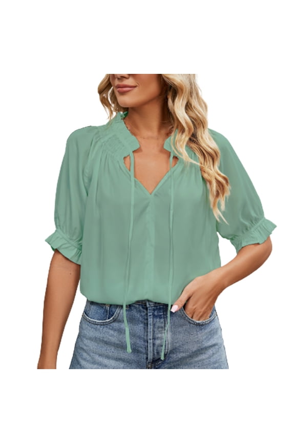 Women's V Neck Drawstring Tie Tops Casual Puff Short Sleeve T Shirt Blouses Green L