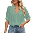 thumbnail image 1 of YYDGH Women's V Neck Drawstring Tie Tops Casual Puff Short Sleeve T Shirt Blouses Green S, 1 of 6