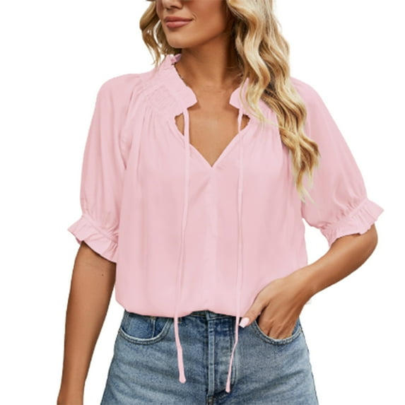 YYDGH Women's V Neck Drawstring Tie Tops Casual Puff Short Sleeve T Shirt Blouses Pink S
