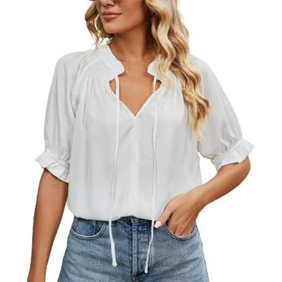 YYDGH Women's V Neck Drawstring Tie Tops Casual Puff Short Sleeve T Shirt Blouses White XL