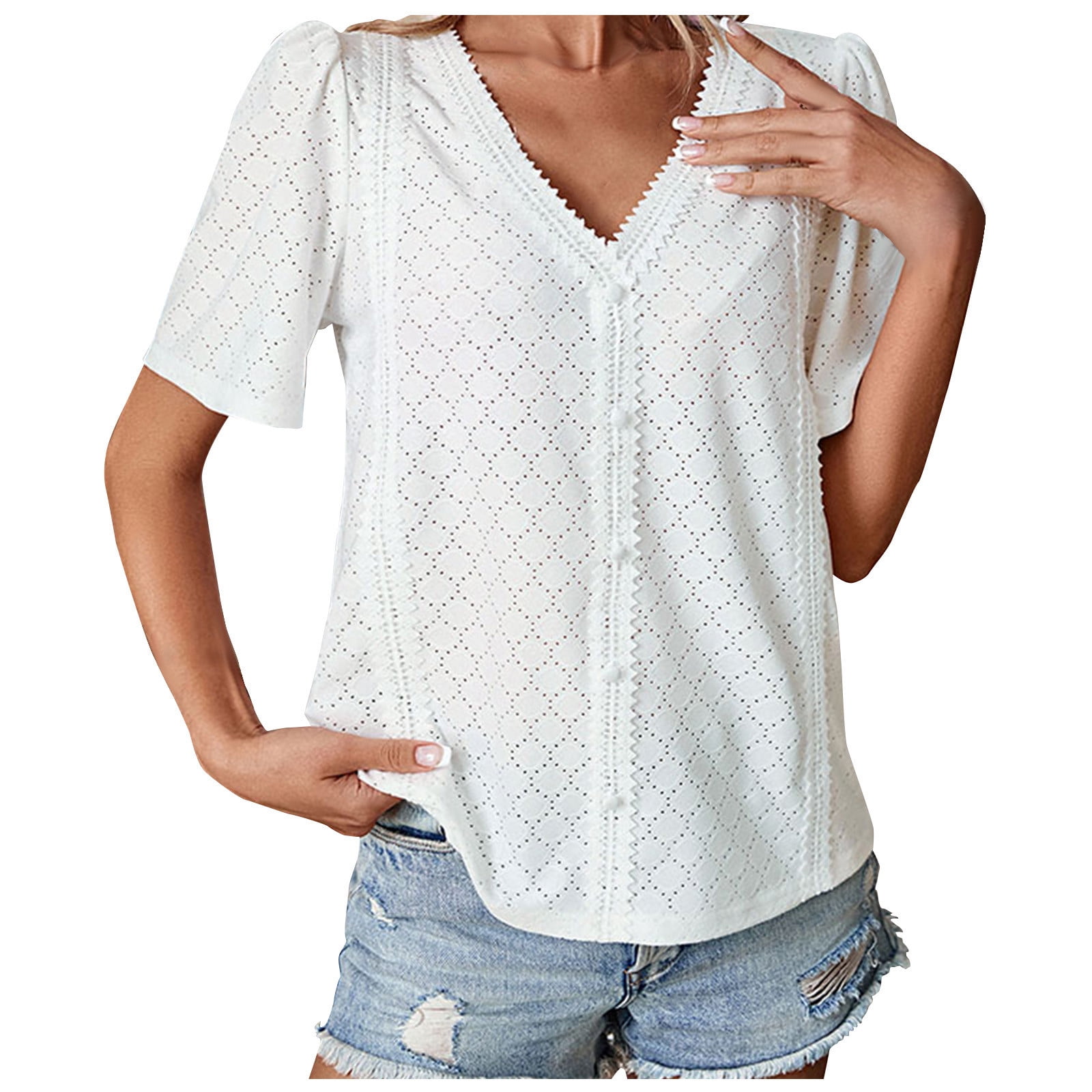 YYDGH Women's V Neck Lace Trim Button Tops Casual Dressy Short Sleeve  Eyelet Shirts Blouse Loose Fit White M