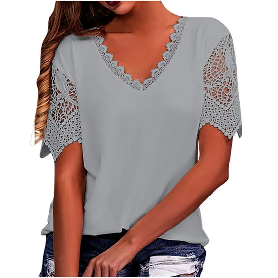 YYDGH Women's V Neck Lace Trim Tops Lace Crochet Short Sleeve T Shirts Casual Solid Color Loose Summer Blouse Gray XL