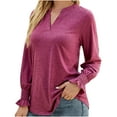 thumbnail image 1 of YYDGH Women's V Neck Long Sleeve Ruffle Blouse Casual Loose Fit Fall Tops Solid Color T Shirt Watermelon Red S, 1 of 4