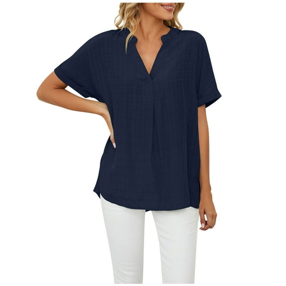 YYDGH Women's V Neck Pleated Tops Summer Short Sleeve Blouse Solid Color Linen Shirts Blue L