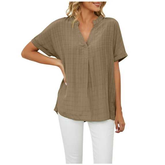 YYDGH Women's V Neck Pleated Tops Summer Short Sleeve Blouse Solid Color Linen Shirts Brown XXL