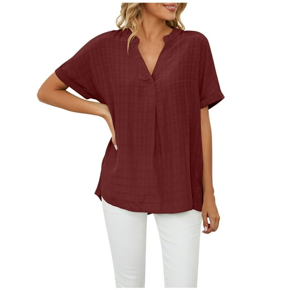 YYDGH Women's V Neck Pleated Tops Summer Short Sleeve Blouse Solid Color Linen Shirts Red XXL